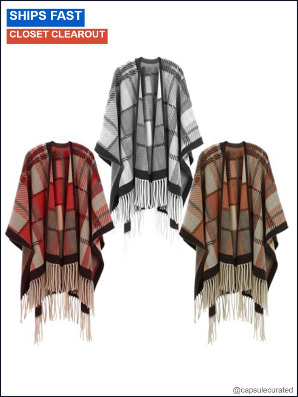3 Pack Women Poncho Shawl Wrap Boho Plaid Cape Tassel Acrylic Lightweight Fall